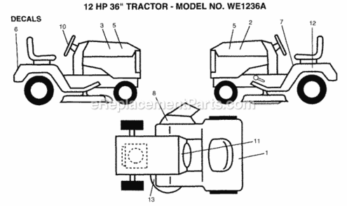Decals Diagram and Parts List for WE1236A 1999 And Before Weed Eater Lawn Tractor